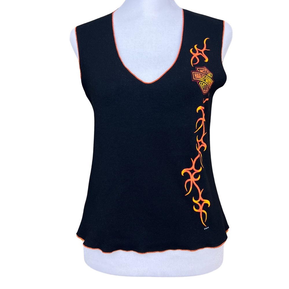 Vintage Harley Davidson Black Ribbed V Neck Tank Top Tribal Graphic Y2K Size M
